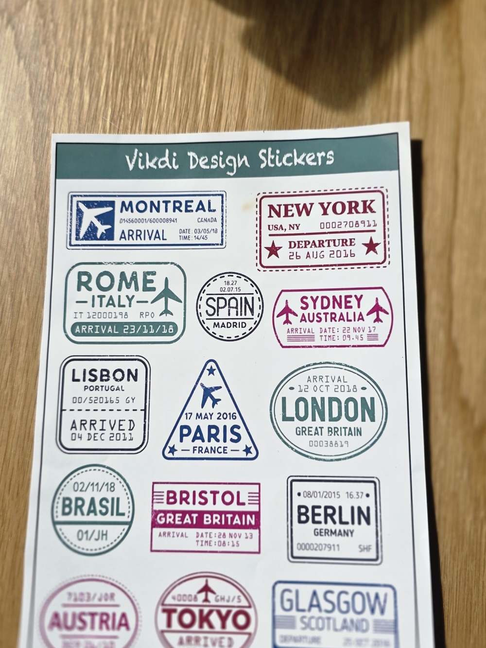 - Travel Passport Stamp Sheet Stickers (Green, Pink, Blue, Black)